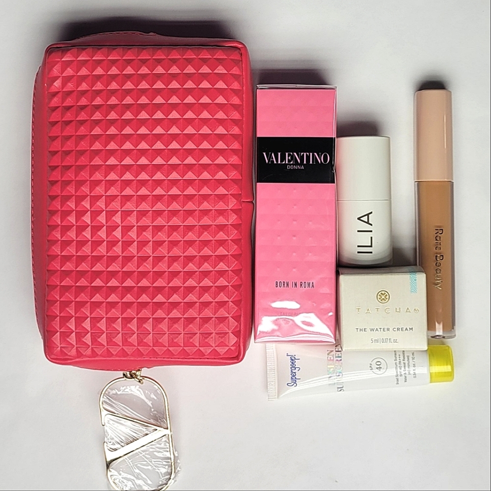 Pink Geometric Makeup Bag with Skincare and Beauty Products